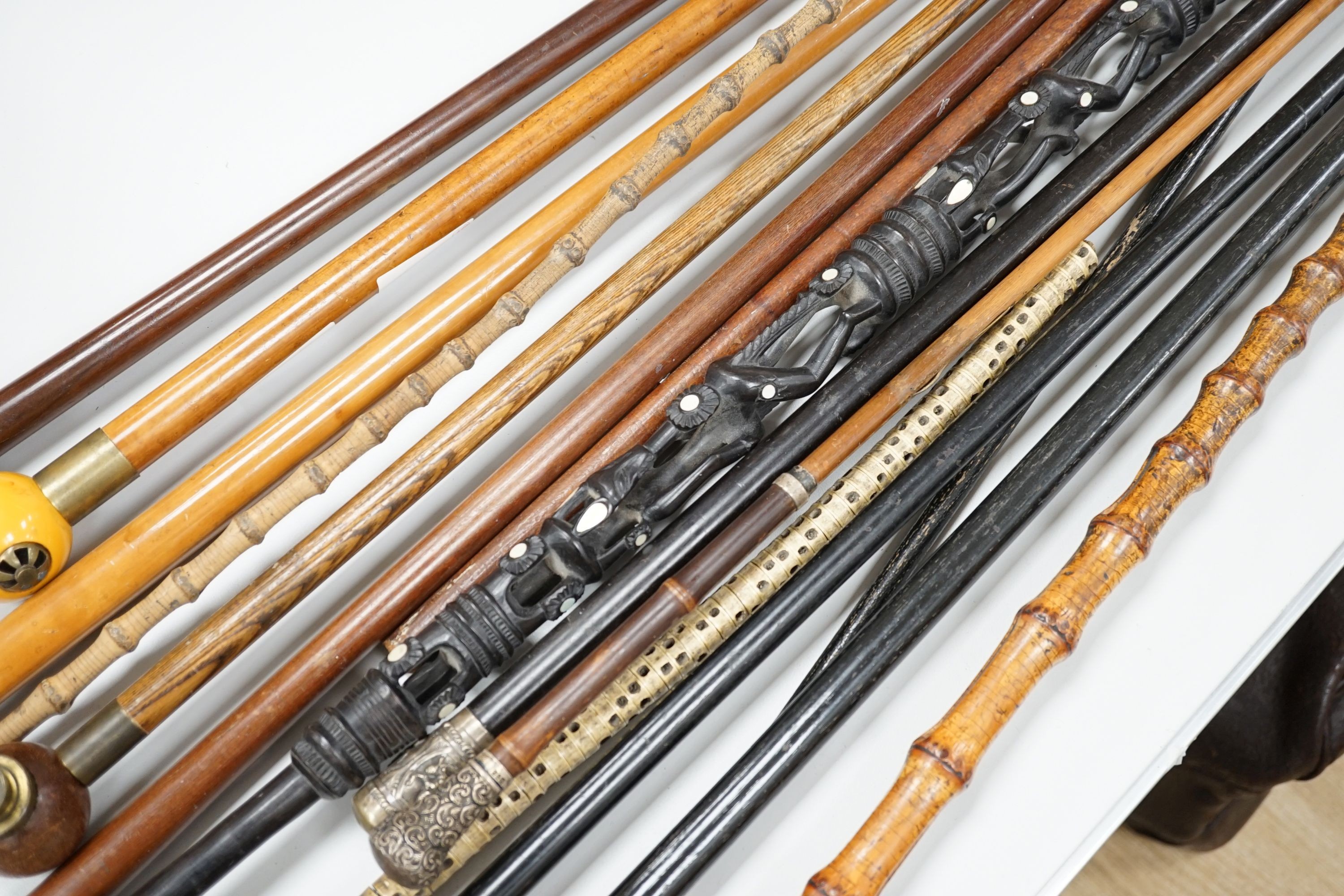 A collection of fifteen assorted walking sticks and canes, many silver mounted